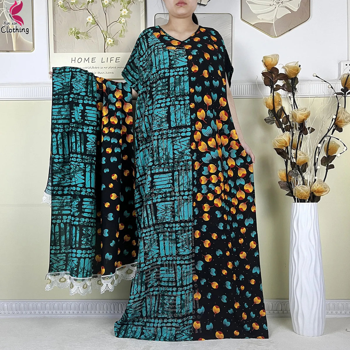 2025 New Summer Abaya Short Sleeve Dress With Big Scarf Printing Floral Loose Dress Islam Kaftan Women African Abaya Clothing