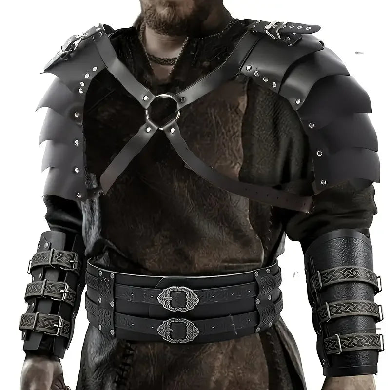 Medieval Leather Wide Waistband Brave Knight Role-Playing Viking Wristband Halloween Coplay Shoulder Armor Accessory Set