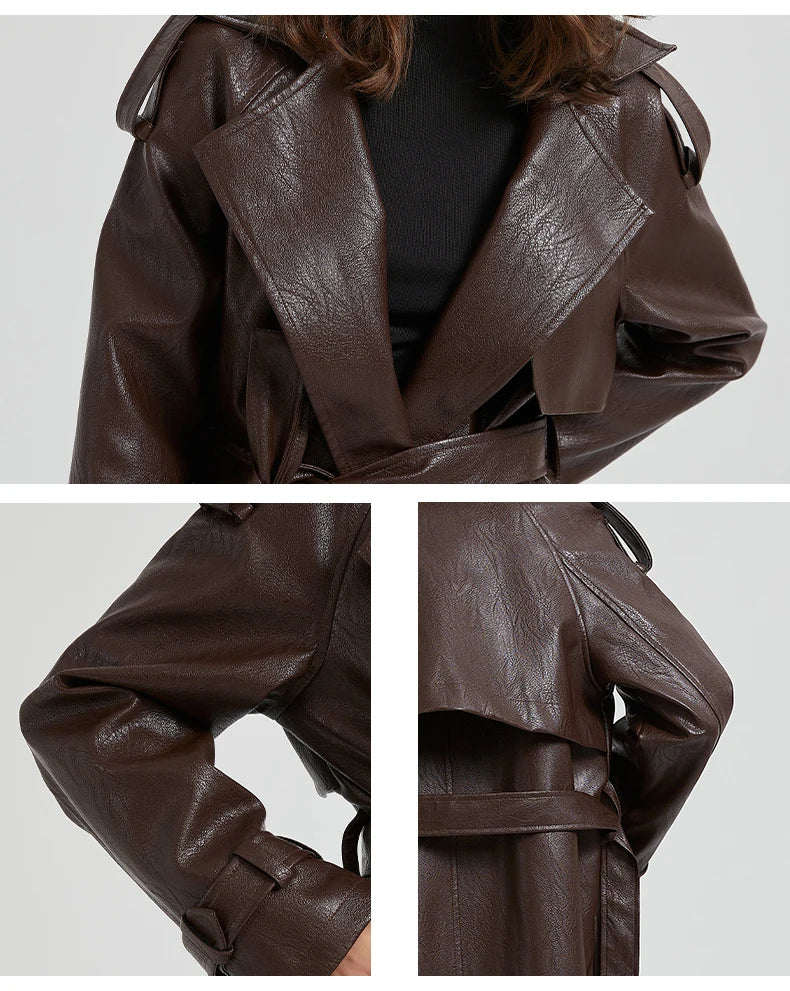 Lautaro Spring Autumn Extra Long Brown Pu Leather Trench Coat for Women Sashes Luxury Chic Overcoat Runway European Fashion 2024