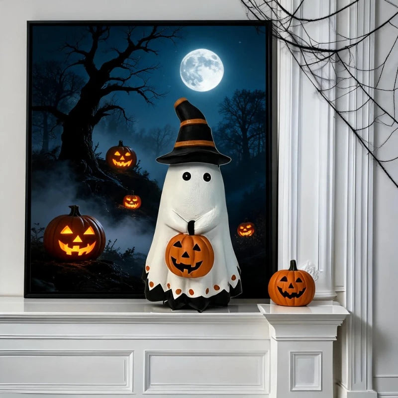 Halloween Ghost Figurine with Witch Hat Holding Pumpkin Lantern Statue Home Tabletop Ornament Spooky Party Decor Indoor Ornament