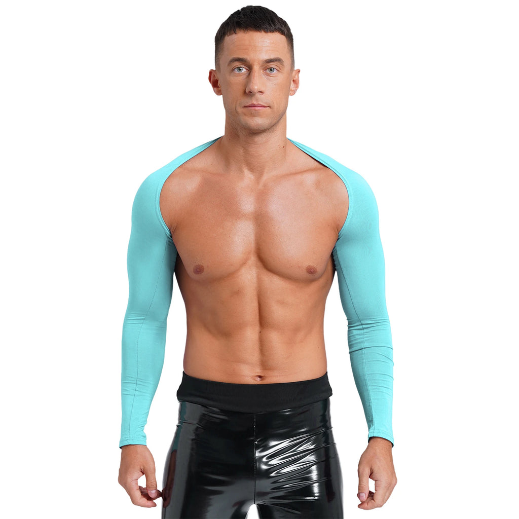 Men Open Front Half Crop Top Solid Long Sleeve Cardigan Bolero Shrug Tops Muscle Arm Sleeves Workout Sports Gym Tops Clubwear