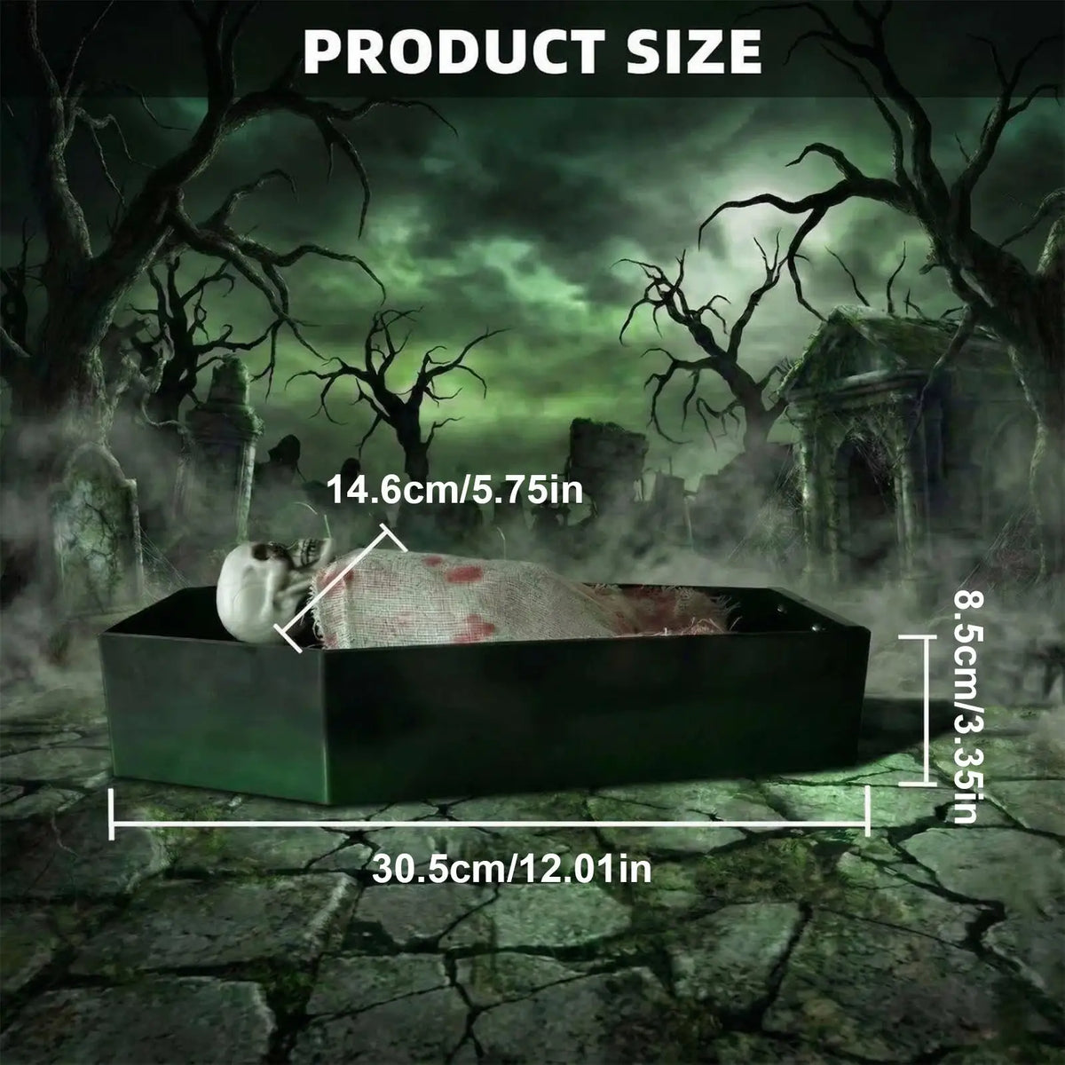 Halloween Sound Activated Animated Skeleton Coffin Decor Realistic Skeleton Green LED Lights Scary Sounds for Home Party Prank