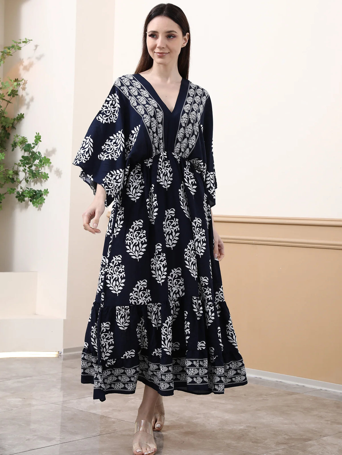 Bohemian Oversize Loose Elastic Waist Maxi Dresses Women Robe Cotton Rayon Floral Printed Long Dress Summer Boho Beach Cover up