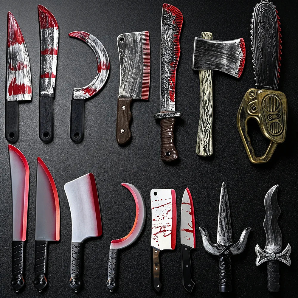 Halloween realistic props - blood-spreading axes, chainsaws, plastic knives for costumes, party cosplay props