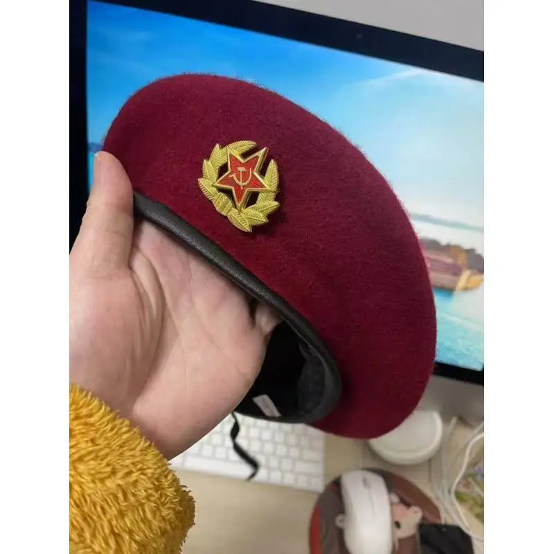 Russian Style Military Wool Beret - Soviet Airborne Hat with Embroidered Patch, Vintage Army Cap for Men Women