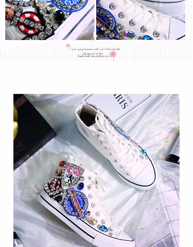 Woman Canvas Shoes Flat Platform Loafers Vulcanize Shoes Women Casual Classic Designer Brands Handmade Diamond Sneakers