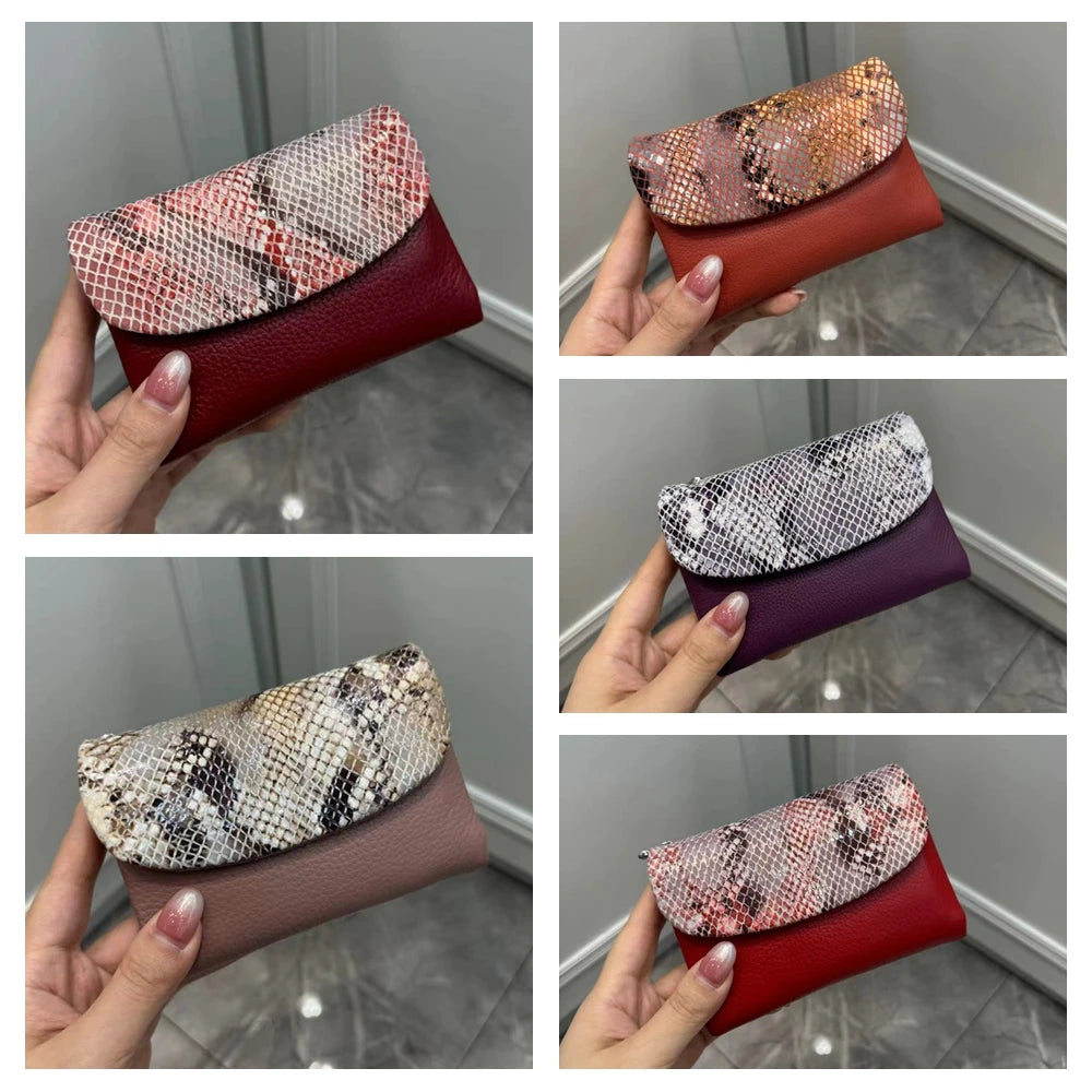 New 10 Colors Snake Pattern Cow Leather Short Wallet Women Fashion Python Genuine Cowhide Tri-fold Card Holder Purse Ladies