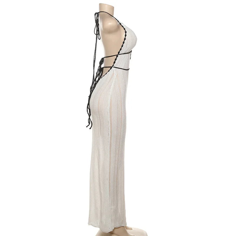 Nsauye Casual Knitted Women Halter Fashion Maxi Hollow Out Dress Summer Beach Long Sexy Backless Party Birthday Club Dress 2024