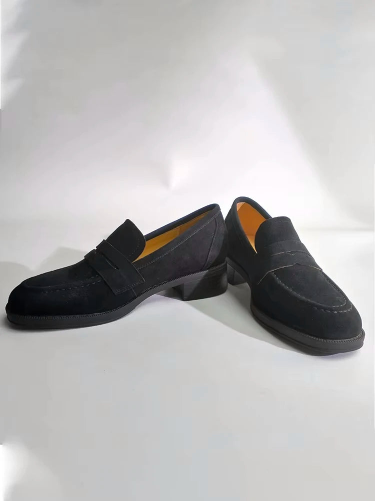 2025 NEW Trend Women Loafers Natural Suede Spring Autumn Ladies Low Block Heels Elegant Round Toe Black Brown Splicing Loafers