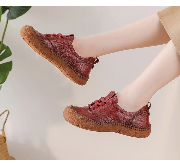 New real leather handmade shoes for women all season oxfords flats woman laced up moccasins cozy mom boat shoes round toe flats