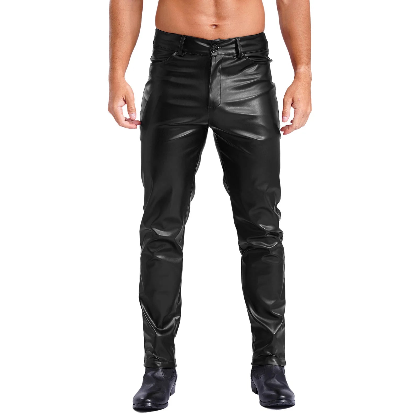 Mens Stylish Faux Leather Pants Pockets Halloween Costume Smooth Lining Straight Pants Tights Leggings Music Party Clothings
