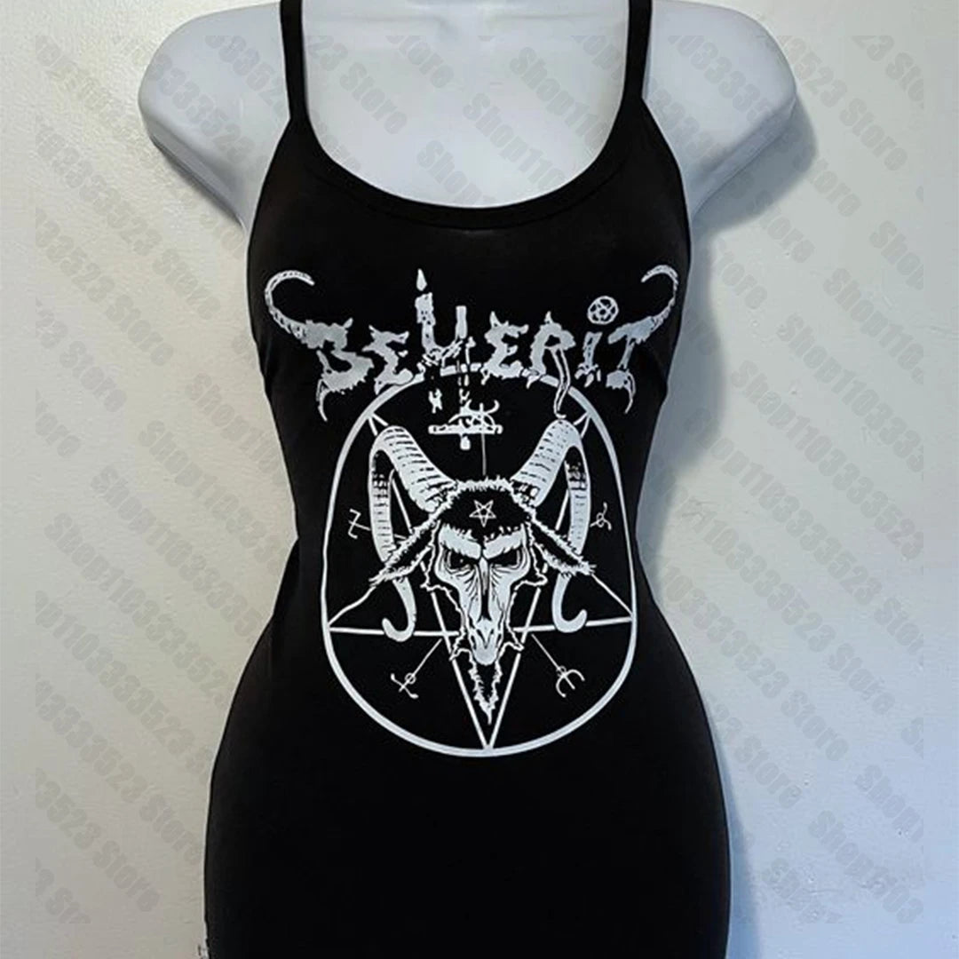 2000s Punk Y2k Print Gothic Slim Vintage Dress Women Sexy Streetwear Dress Women Clothing Y2k Style Cool girl Dress