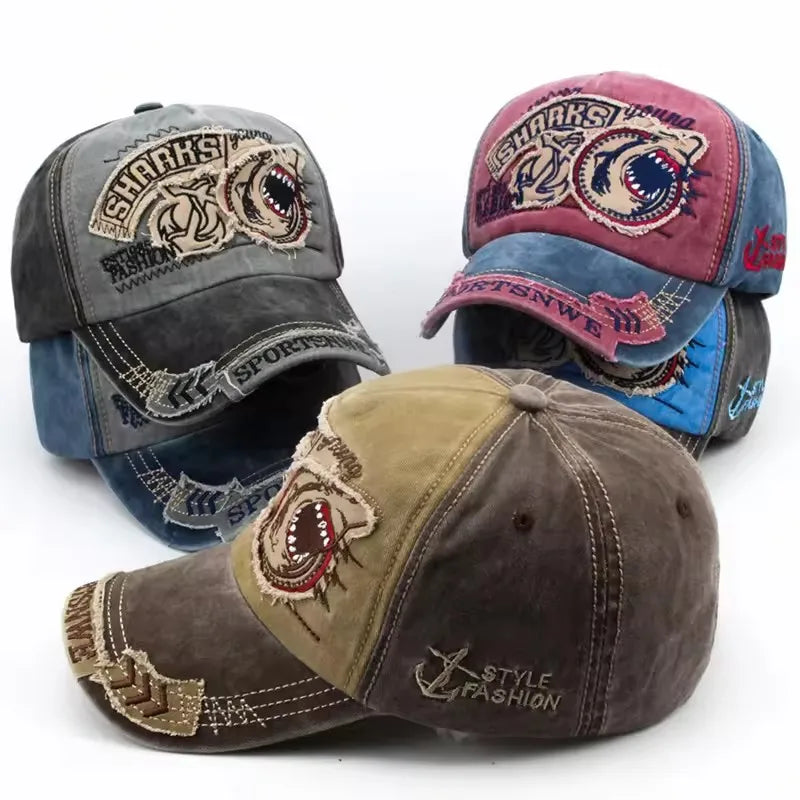 Four Seasons Washed Vintage Distressed Curvy Brimmer Cap Men's Women's Fashion Patch Shark Embroidery Sun Cap Adjustable