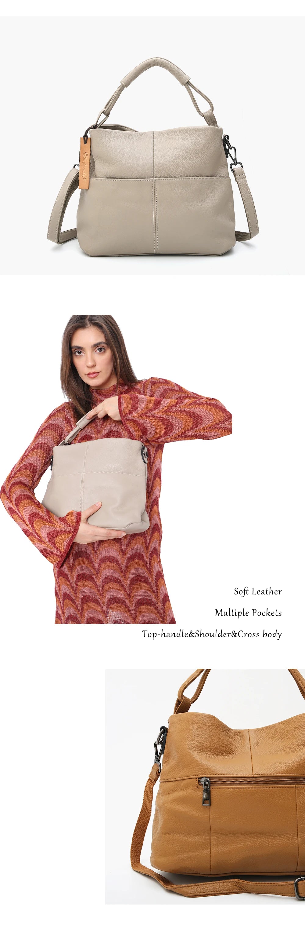 Women Versatile Casual Genuine Leather Top-handle Shoulder Bag Multi pockets Adjustable Strap Cross body Handbags Daily Commute