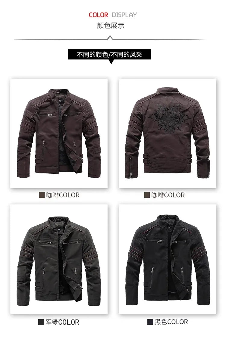 New Pilot Jackets Men's PU Jacket Fashion Casual Stand Collar Motorcycle Coats Trend Men Embroider Windbreak Warm Leather Jacket