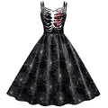 Halloween Gothic Costume Women Strap Swing Dress Skeleton Rib Heart Spiderweb Print Ladies Carnival Masquerade Outfits