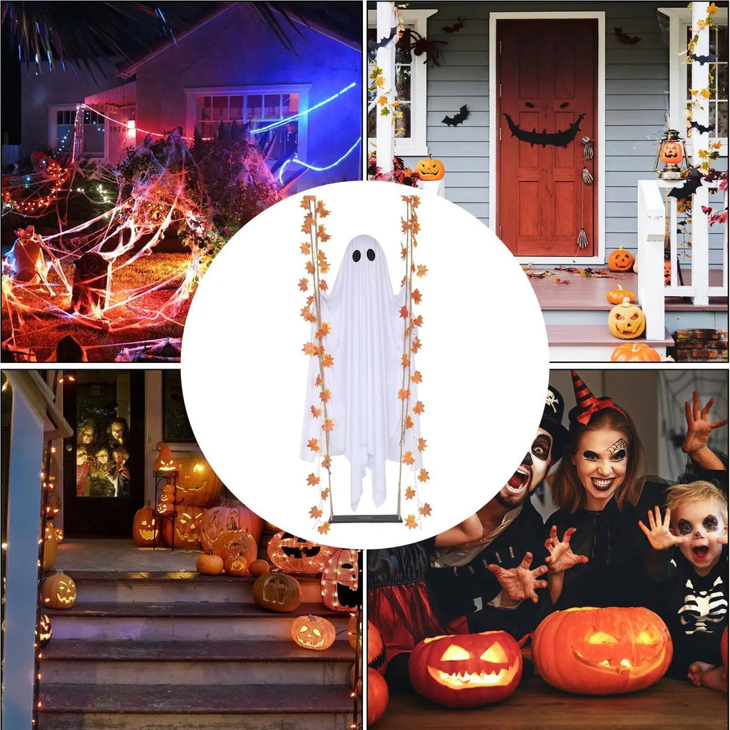Halloween Swing Ghost Decoration Outdoor Hanging Ghost With LED String Lights Cute Large Ghost Swing Ornament For Garden Yard