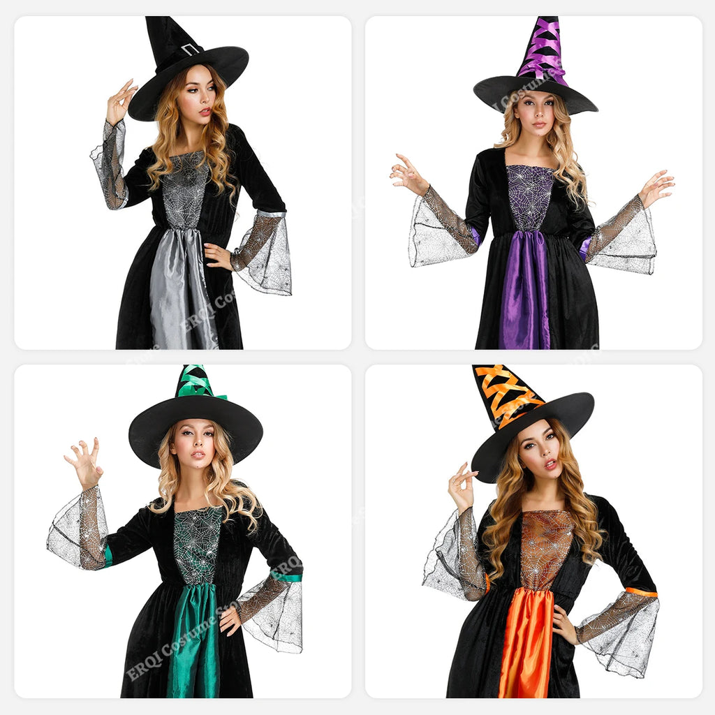 Halloween Dresses for women Witch Costume Sorceress Dress Lace Sleeves Spider Witch Dress Magic Hat Purple Gray Orange green