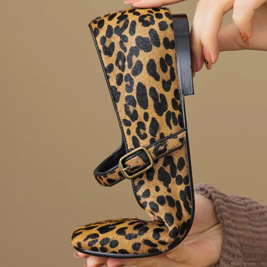 Plus size 34-43 women's leopard horsehair slip-on Mary Jane flats round toe casual female slim daily ballerinas shoes for woman