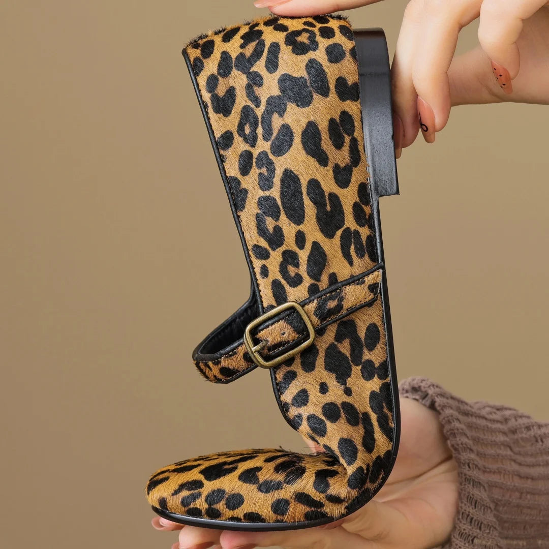 Plus size 34-43 women's leopard horsehair slip-on Mary Jane flats round toe casual female slim daily ballerinas shoes for woman