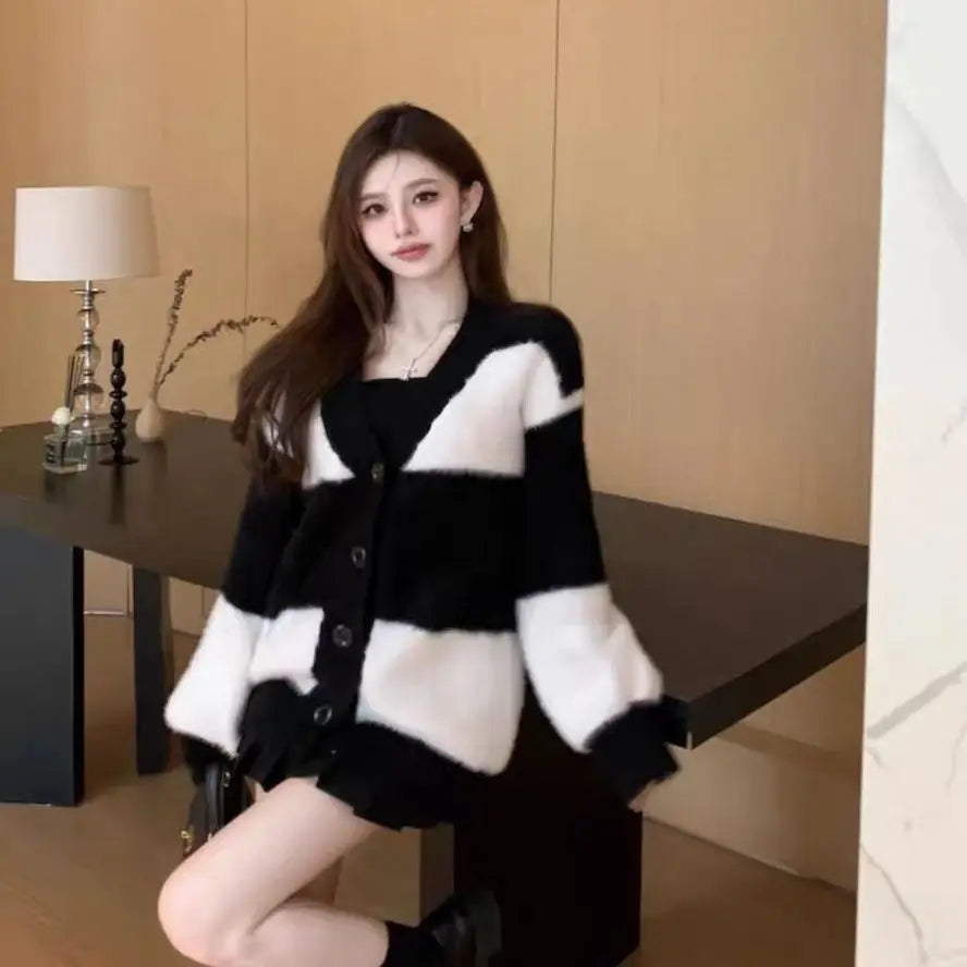 Women Mink Fur Knitted Cardigans Sweaters Autumn Winter Loose Sweet Fashion Stripe Lantern Sleeve Thicken Contrast Color Coats