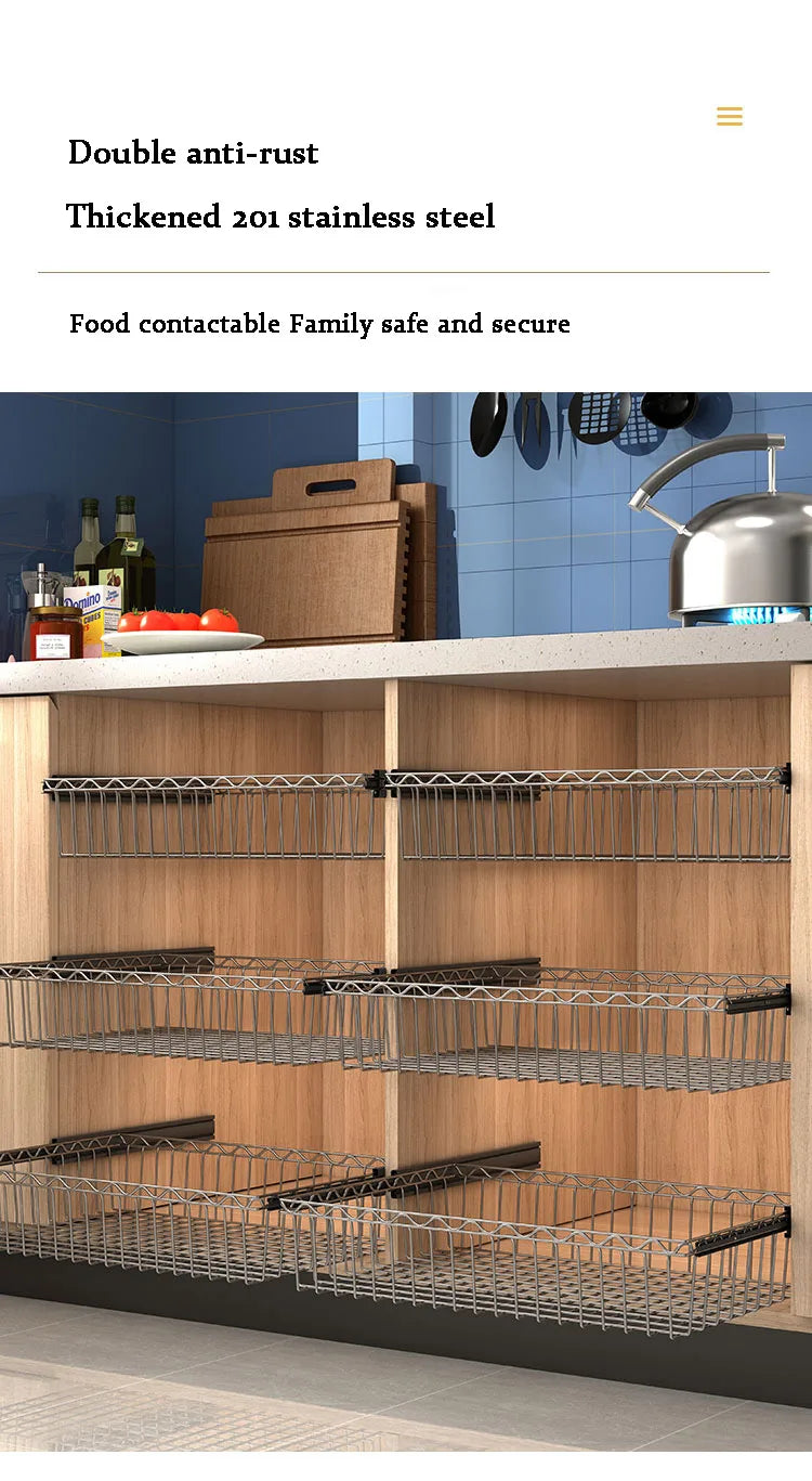 DIY Cupboard Drawer Basket Kitchen Storage Shelf Organizer Sliding Cabinet Pull Out Stainlesssteel Basket Drawer Type Mesh Baske