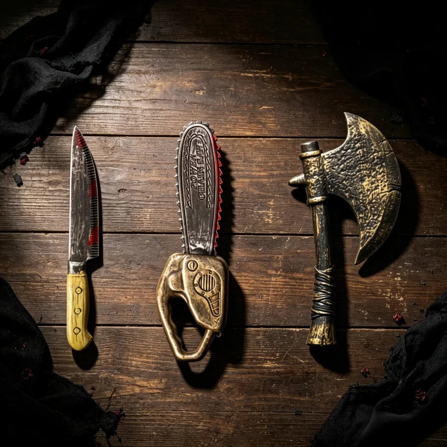 Halloween haunted house costume props, unsharpened plastic bloody knife, chainsaw, bronze axe—festival horror-themed weapons