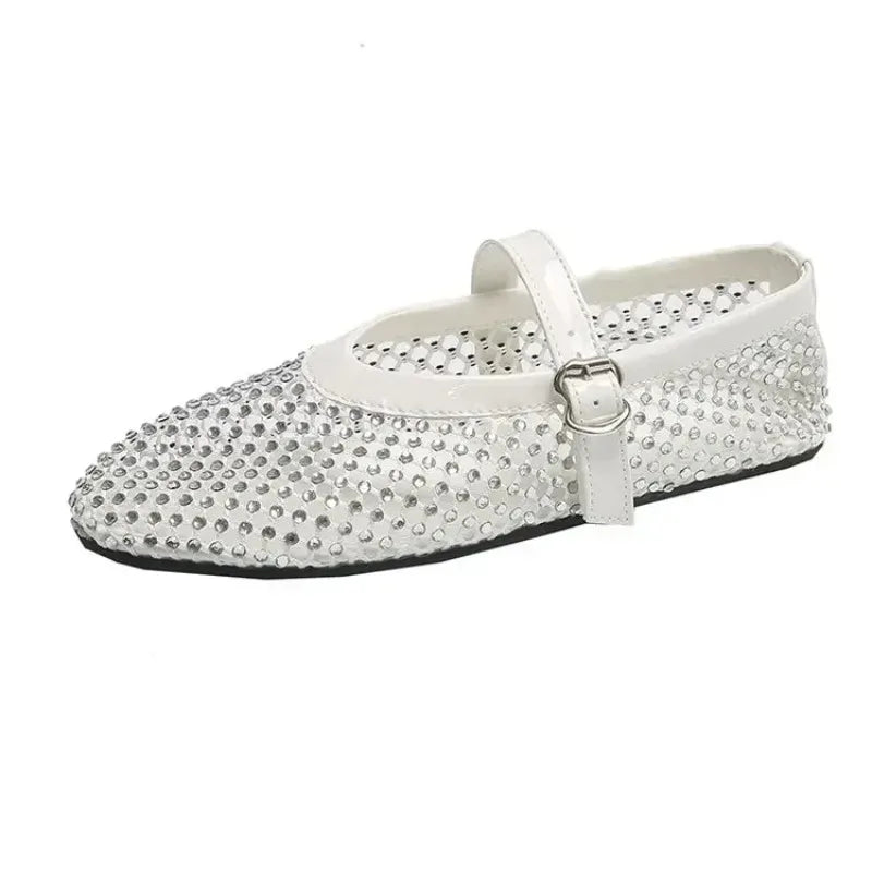 Luxury Crystal Rhinestone Fishnet Ballet Flats Woman Brand Design Rivet Mesh Mary Jane Shoes Ladies Summer Loafers Plus Size 42