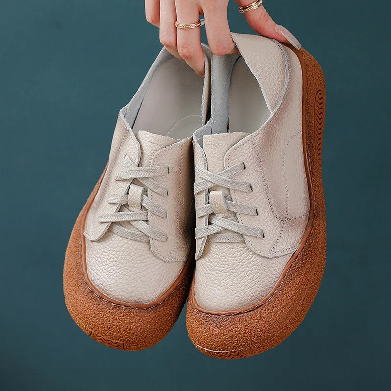 New real leather handmade shoes for women all season oxfords flats woman laced up moccasins cozy mom boat shoes round toe flats