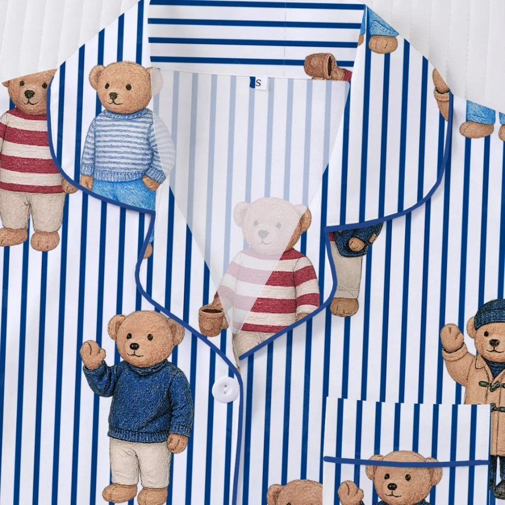 Women's Pajama with Bear Polka Point Stripes Print Blue Lapel Short Sleeve Short Pants Trousers Loungewear Home Wear Set Clothes