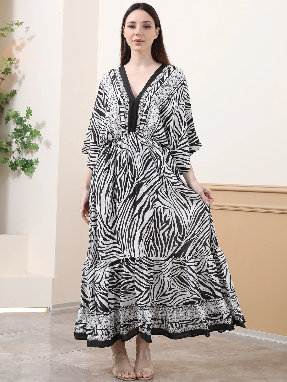 Bohemian Oversize Loose Elastic Waist Maxi Dresses Women Robe Cotton Rayon Floral Printed Long Dress Summer Boho Beach Cover up