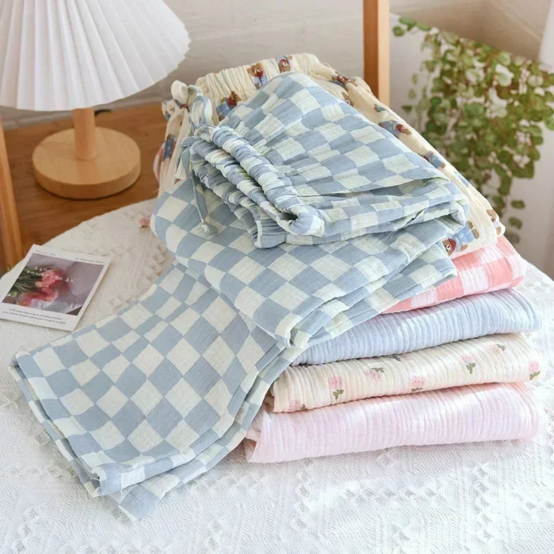 Spring New Pajamas Pants for Women Crepe 100% Cotton Loose Casual Straight Trousers Home Clothes Checkerboard Sleep Pants