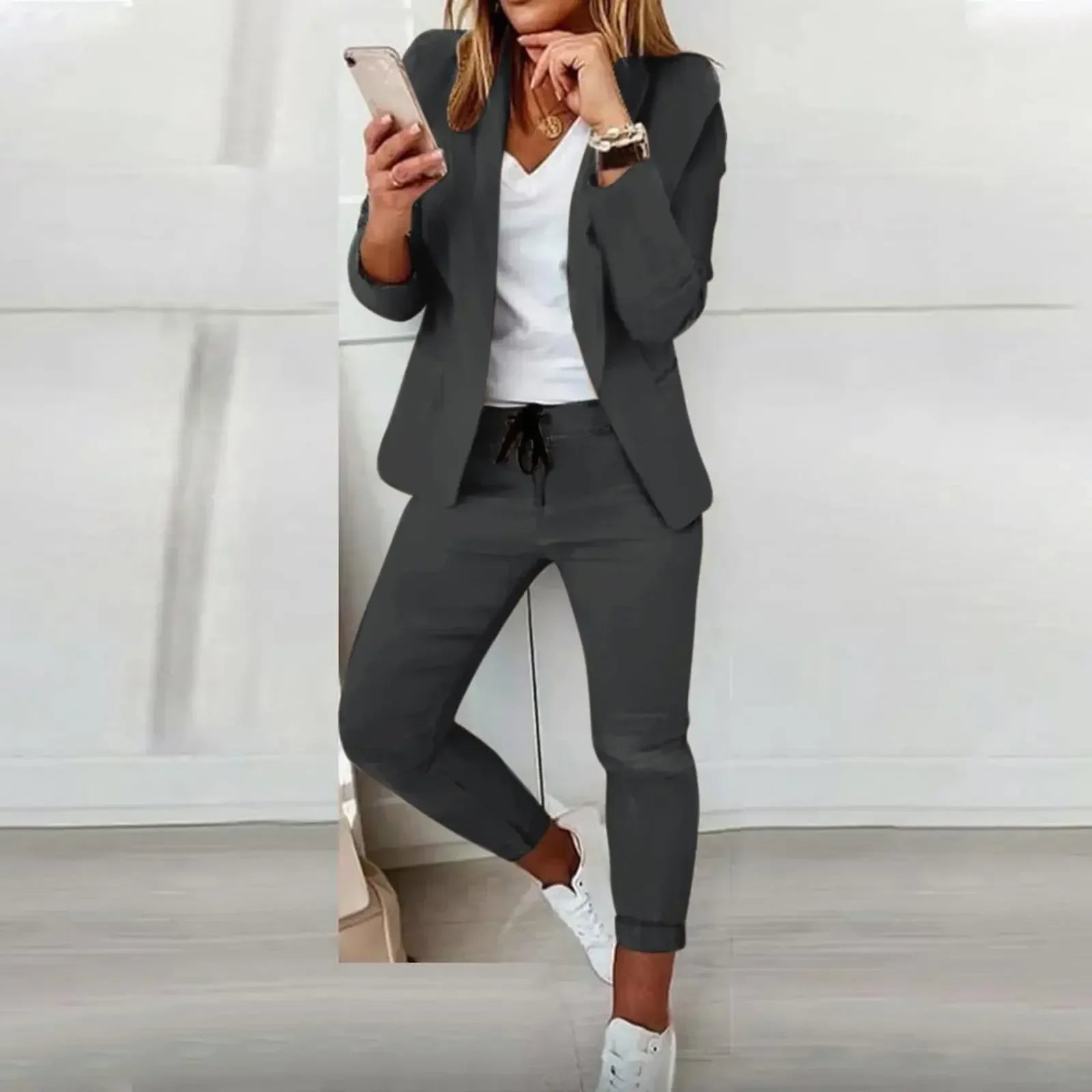 2026 Women's Formal Two Pieces Office Suit Sets Slim Blazer and Pants with Pocket Lapel Women Suits Office Sets 2PCS Tracksuit
