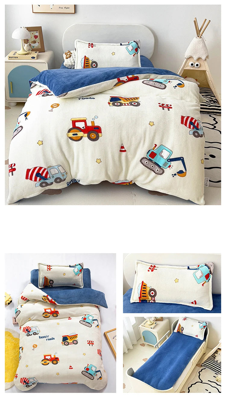 Baby Cartoon Print Bedding Set Duvet Covers Pillowcases Set Autumn Winter Warm Suede Bedclothes Bed Linen CP29
