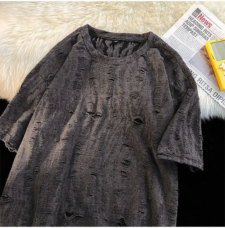 Ripped T-shirts Men Hole Y2k Tops Streetwear Summer O-neck Clothing Hip Hop Fashion Teens American Retro Vintage Футболки Baggy