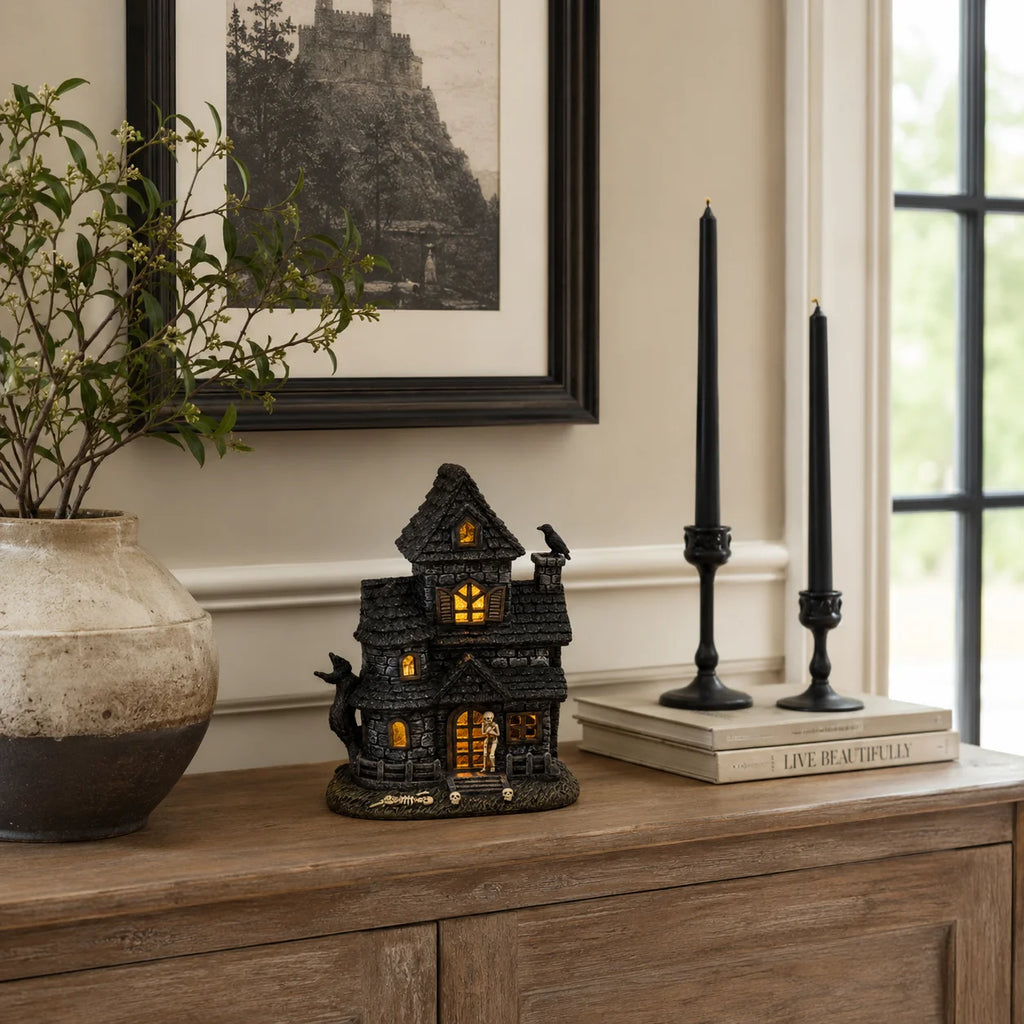 Halloween Lighted Haunted House Resin Figurine with Skeleton & Crow, Spooky Tabletop Ornament for Home Party Decoration