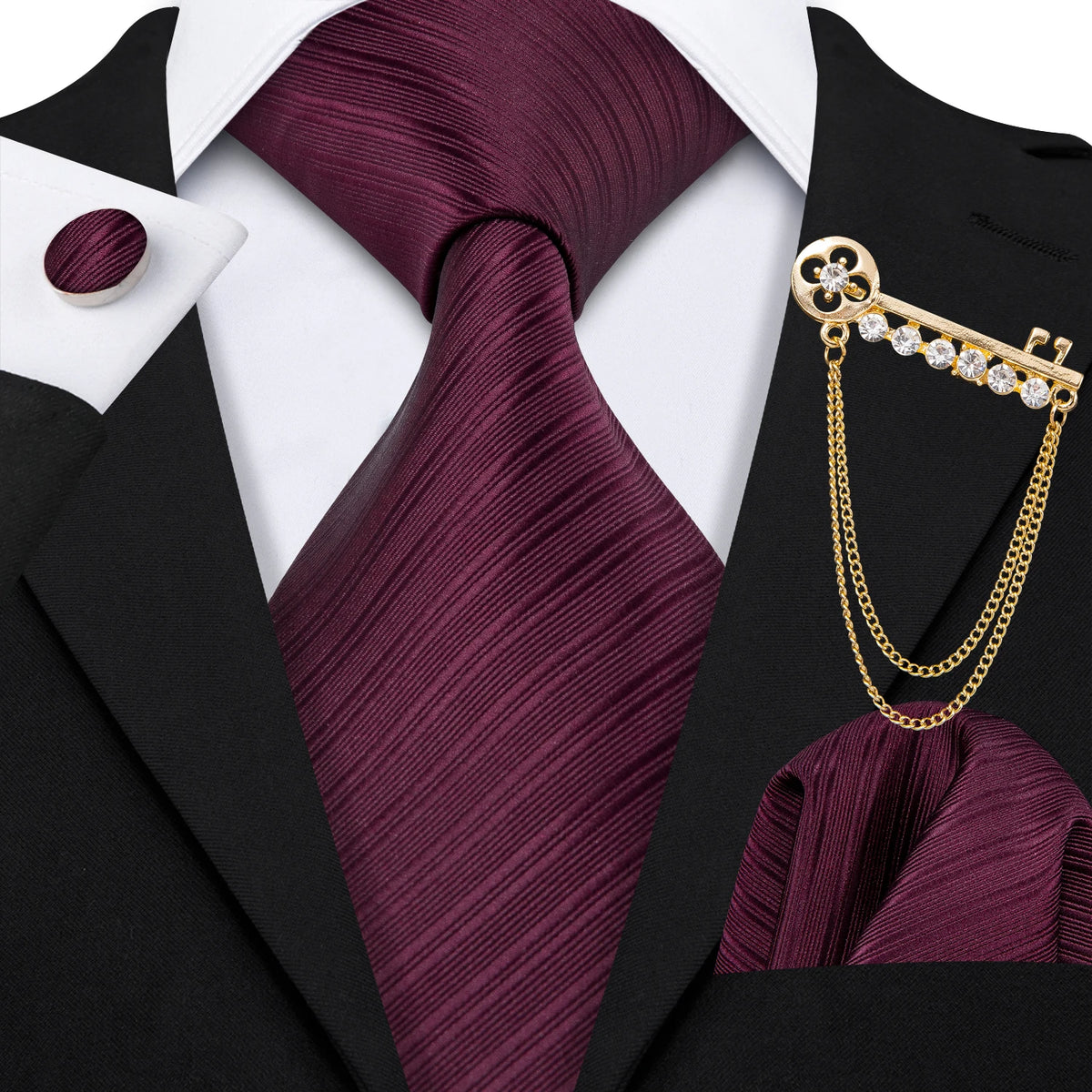 Burgundy Mens Tie Hanky Cufflinks Brooch Set Jacquard Red Wine Maroon Necktie Collar Pin For Male Wedding Events