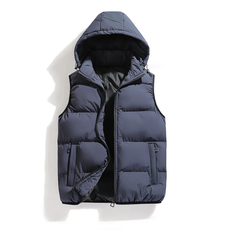 Autumn Winter Men Hooded Thicken Casual Sleeveless Vests Jackets Coat Mens Detachable Hat Waistcoat Vest Man Cotton Outwear Vest