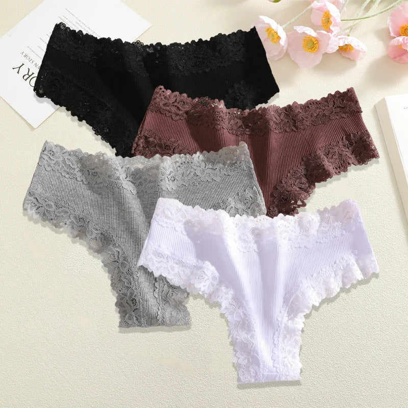4Pc S-XL Women's Cotton Sexy Lace Brazilian Pants Seamless Low Waist Printing Breathable Underwear Ladies Lace Patchwork Panties