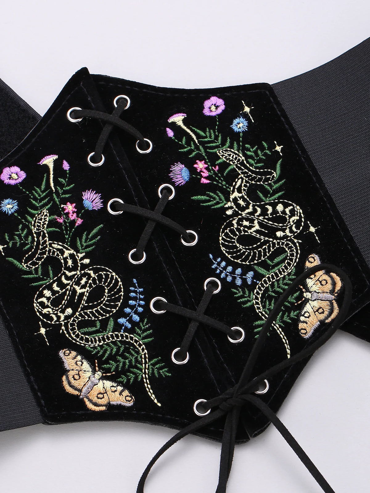 HERSHINE Women's Vintage Velvet Embroidered Elastic Wide Belt, Snake and Moth Pattern, Y2K Gothic Style,spring，summer，Christmas