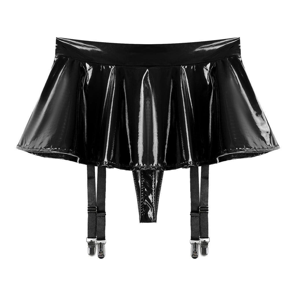 Sexy Women Wetlook PVC Leather Ruffled Skirts Party Low Waist Built-in Thongs Mini Skirt with Garter Belts Metal Clips Set Club