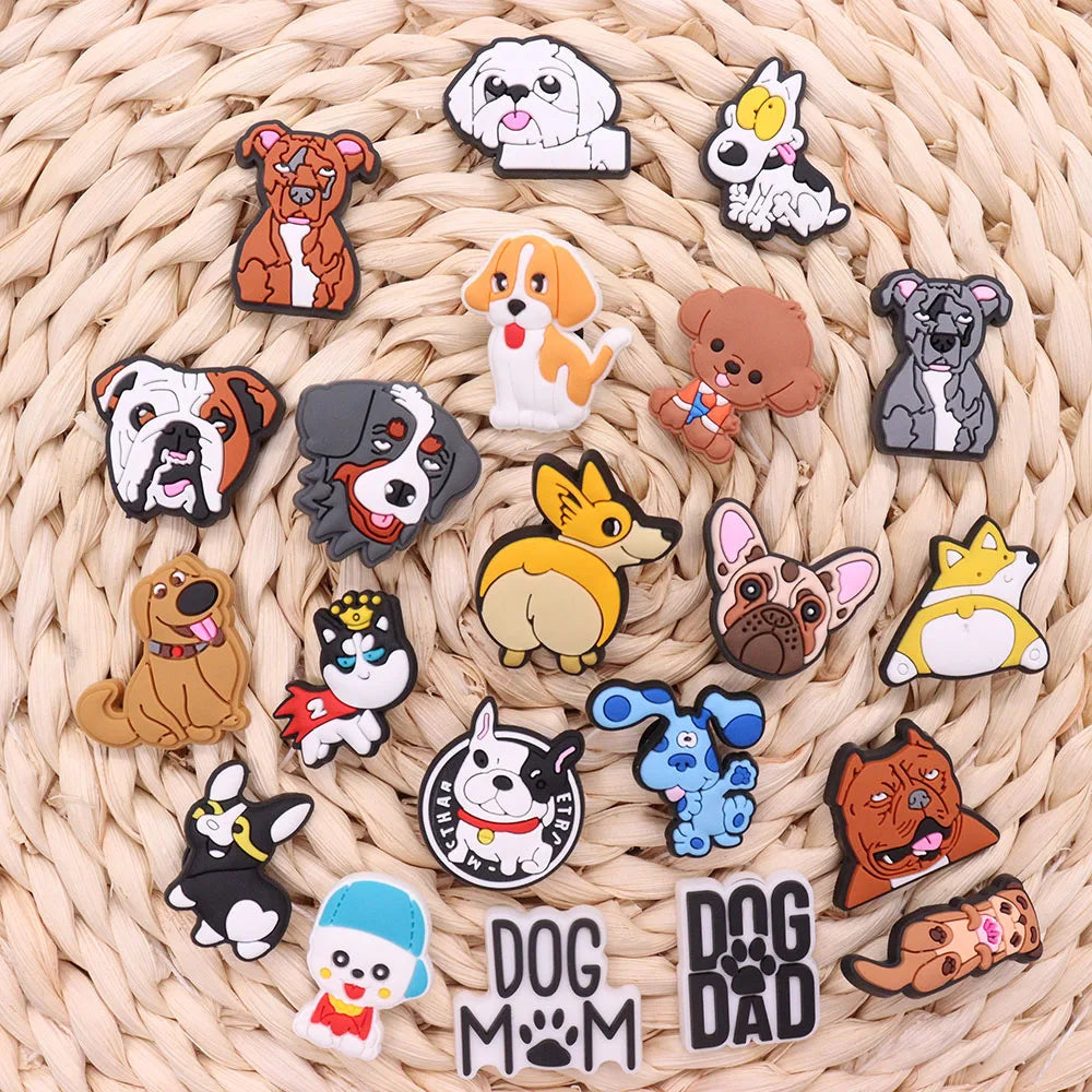 1PCS PVC Kawaii Animal Kinds Of Dog Mom Dad Sandals Shoe Decoration Charms Fit Wristbands Buckle Slipper Accessories Xmas Gifts