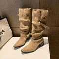 Womens Suede Pointed Toe Chunky Heel Ankle Boots
