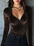 New Womens Elegant Pleated Velvet Shimmering T-Shirt