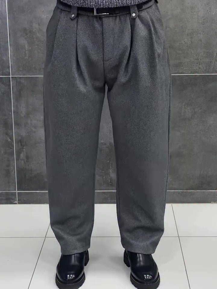 Dark Grey Wool Blend High Waist Pleated Relaxed Pants