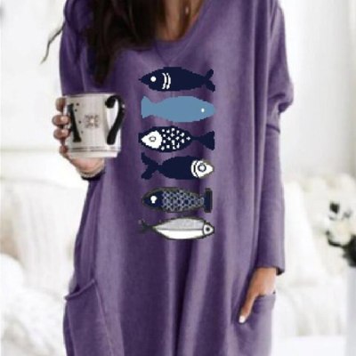 Womens Loose Plus-Size Casual Pullover Top With Long Sleeves And Print