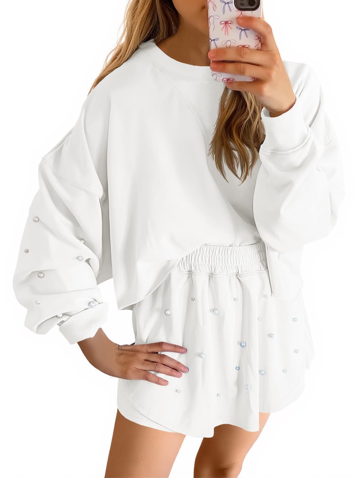 Womens Casual Long-sleeve Top And Shorts Set