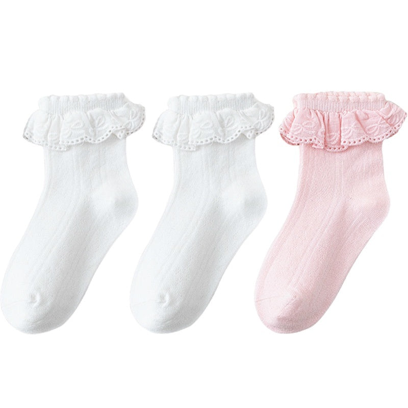 Solid-color Breathable Lace Socks With A Versatile Floral Trim For Little Girls