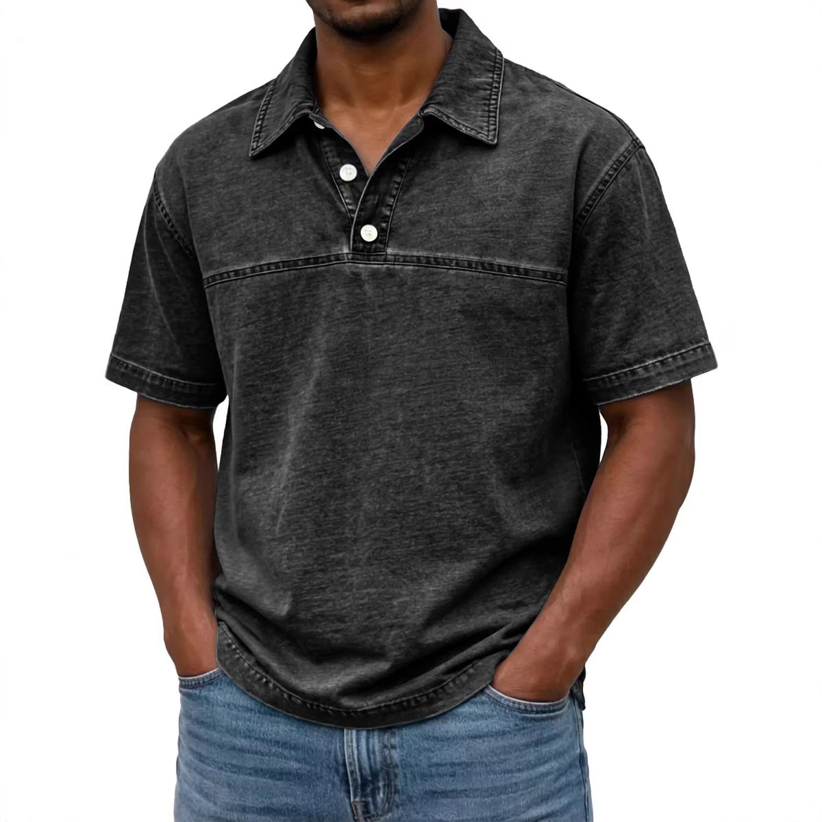 Mens Stylish Solid-color Vintage Short-sleeve Lapel Polo Shirt