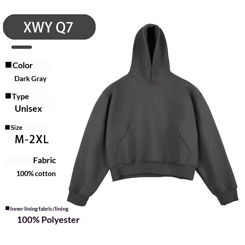 Loose Padded Cropped American High-street Style Fleece-lined Hooded Sweatshirt